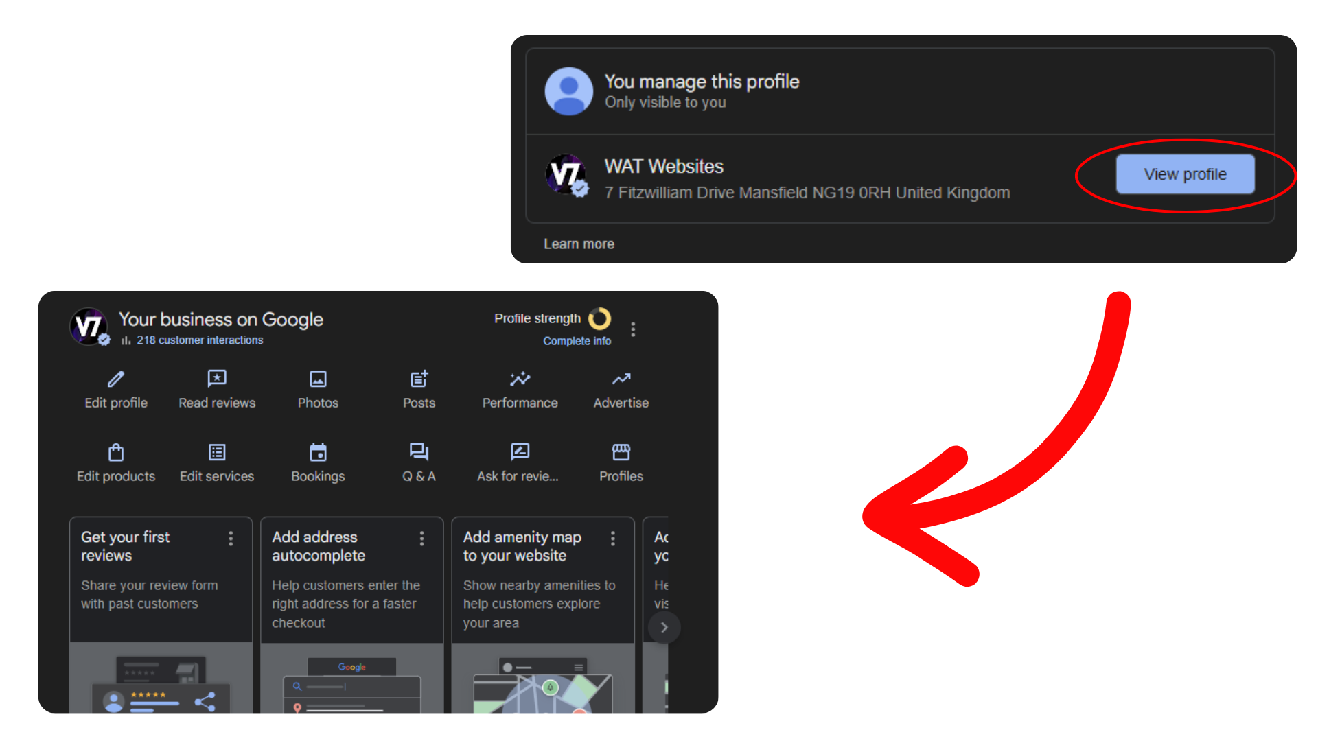 GBP dashboard access step showing the management panel in Google Search results