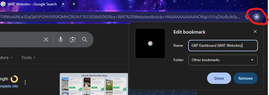 Browser bookmark example showing how to save the GBP dashboard tab for easy access