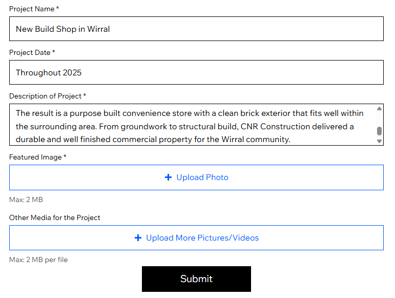 Project name, date and description fields