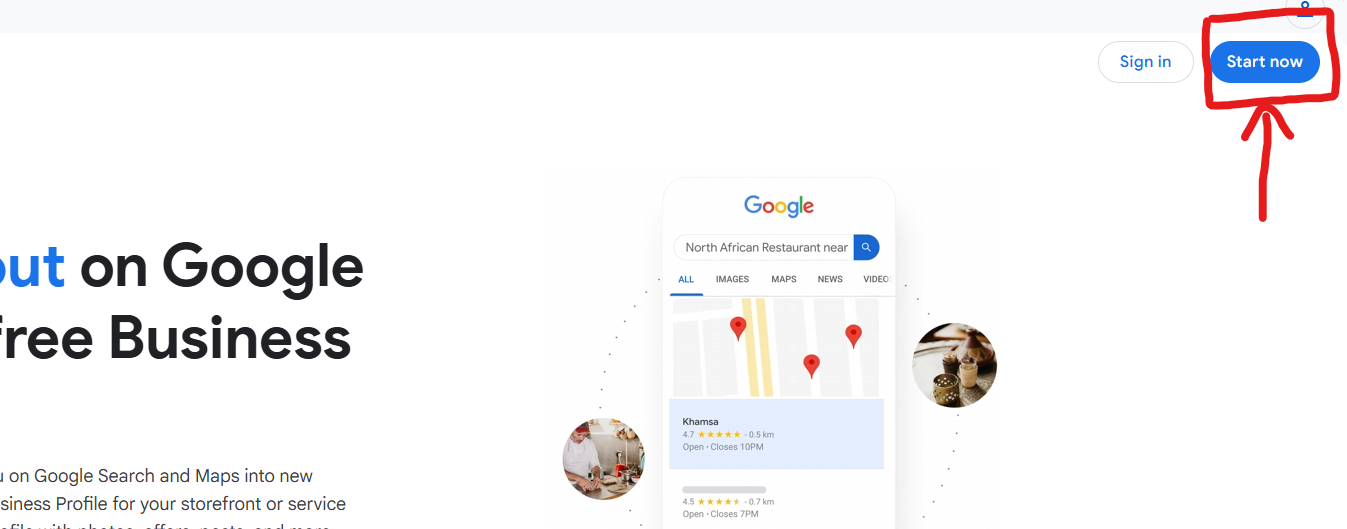 Start Now button on Google Business Profile