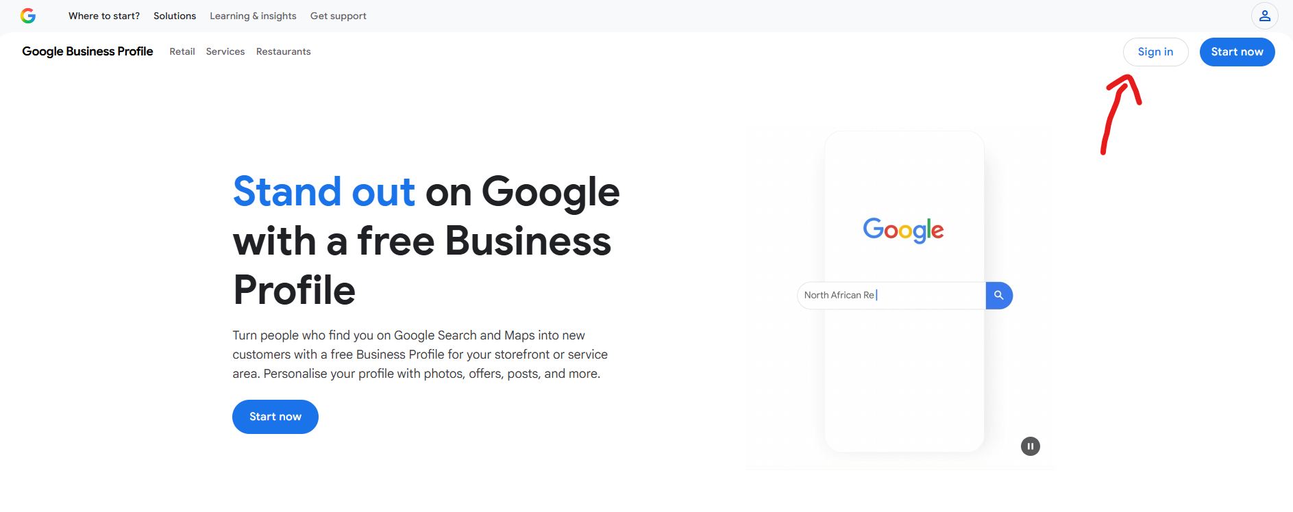 Google Business Profile homepage