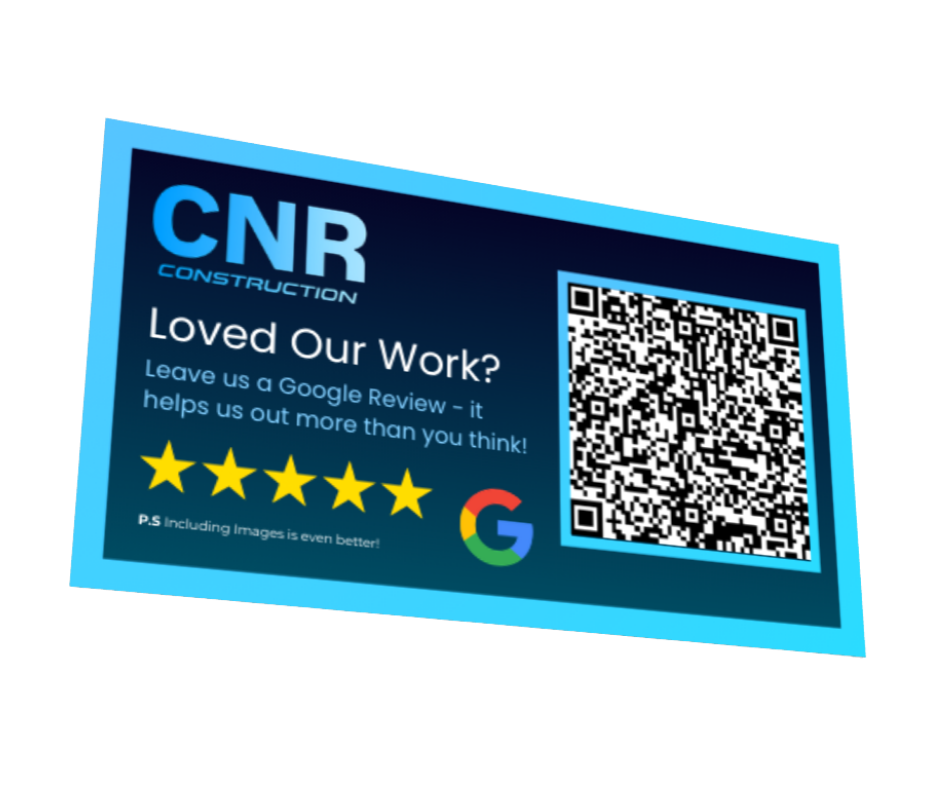 CNR Construction review cards example showing QR code and direct link