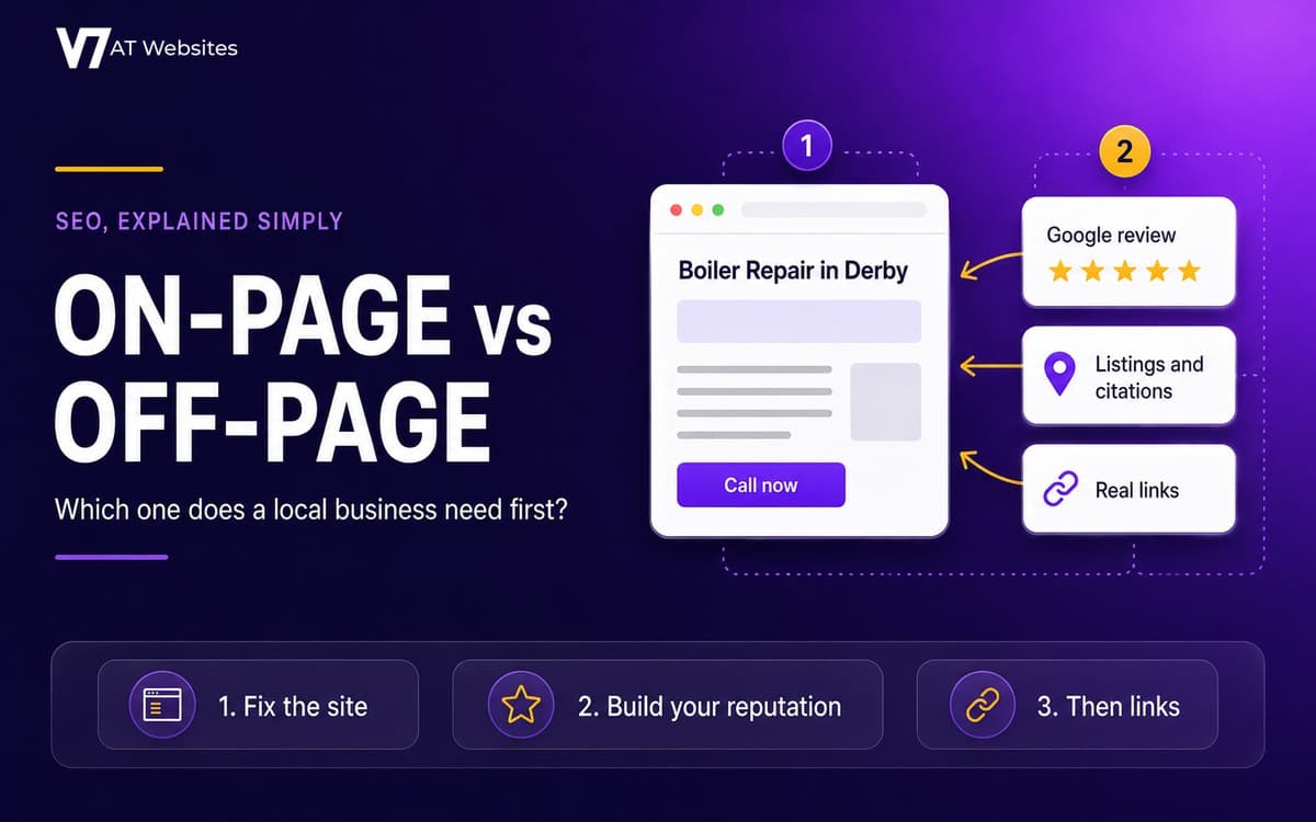 On-page vs off-page SEO: a WAT Websites graphic showing a local business website on one side and the reviews, citations and links that point at it on the other, numbered in the order to do them