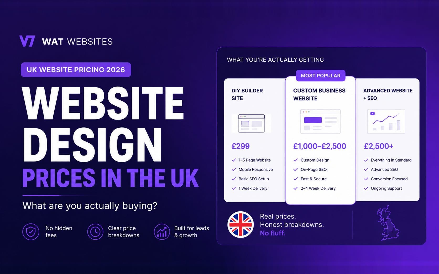 Website design prices in the UK: WAT Websites cover graphic with three example website pricing tiers and the question, what are you actually buying?
