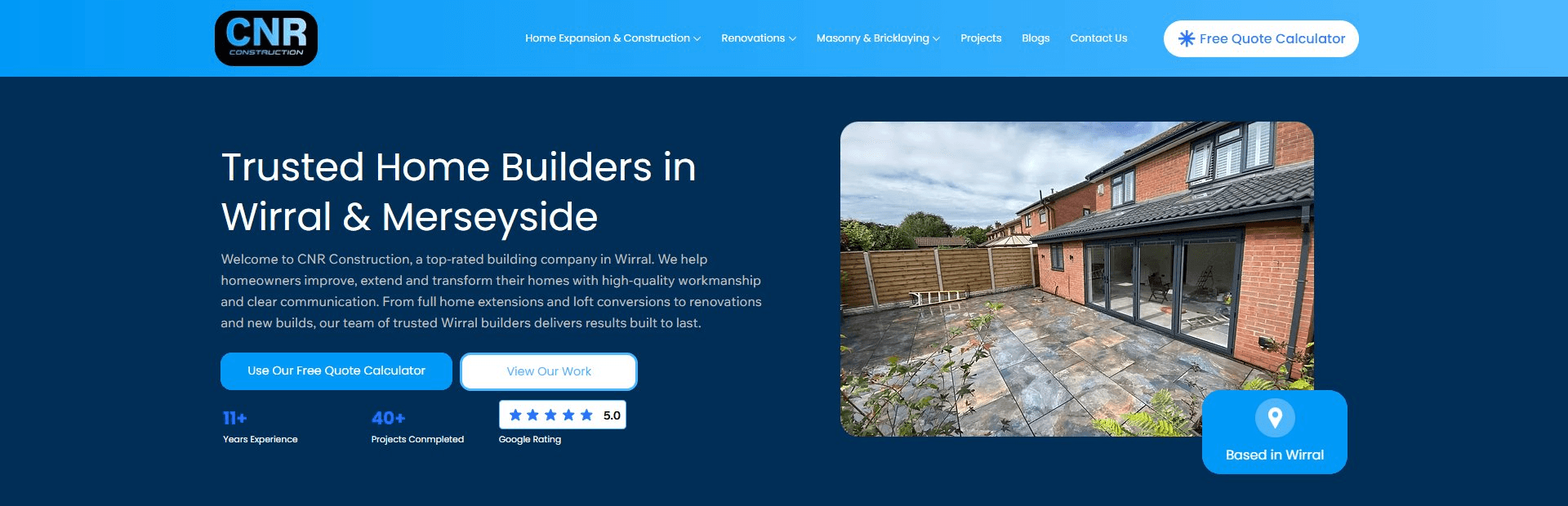 CNR Construction homepage hero showing trusted home builders in Wirral and Merseyside