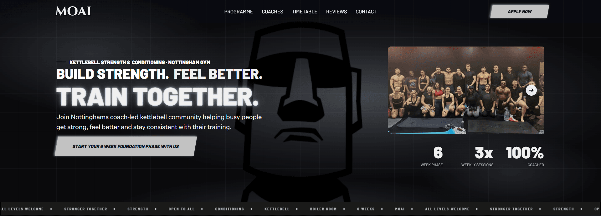 Moai Strength and Wellness homepage showing kettlebell gym hero section in Nottingham